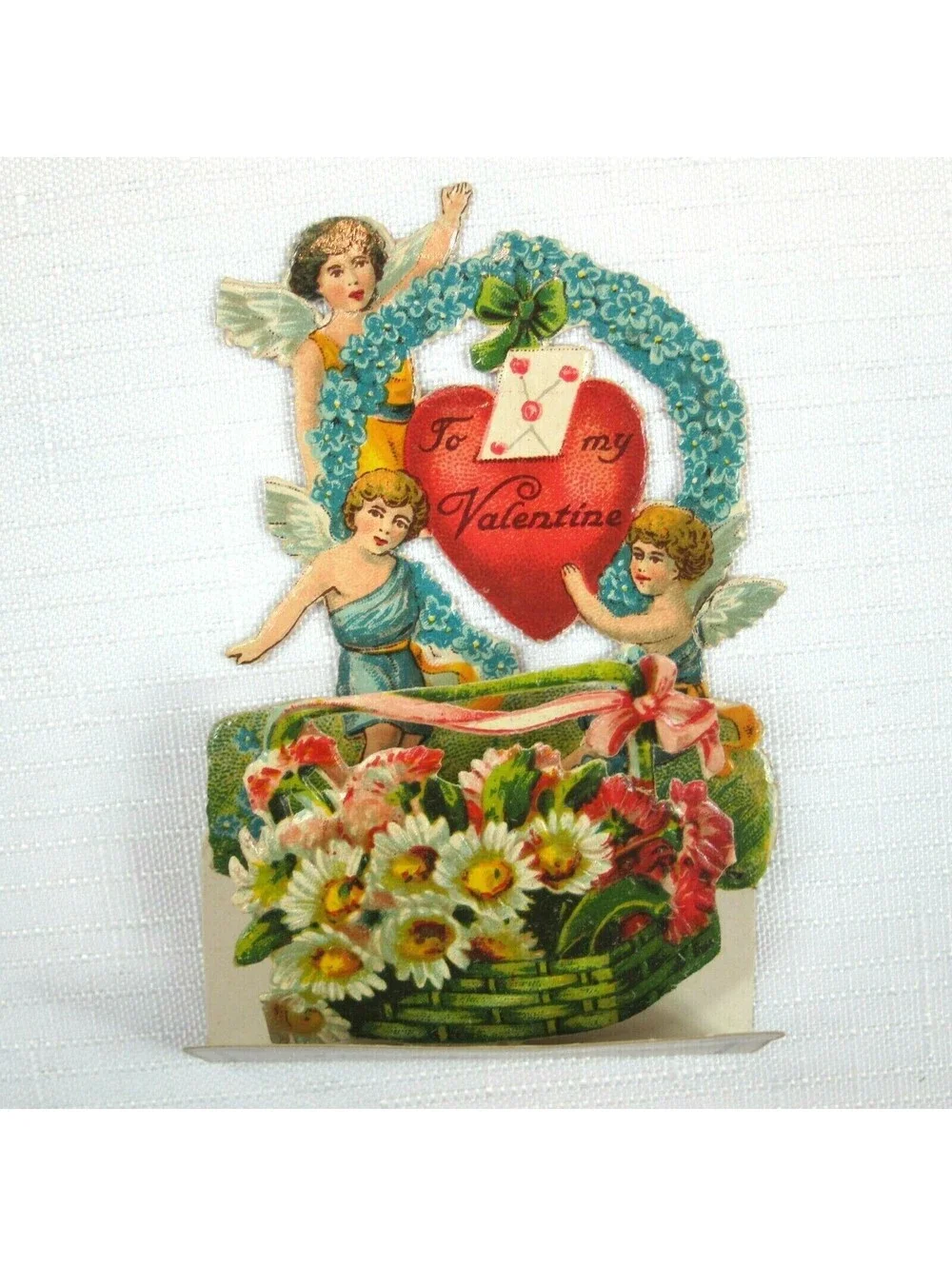 Vintage Valentine Pop Up 3D Die Cut 3 Angels Daisies Flowers Germany 1920s-30s